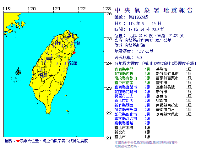 東部今晚連2震  氣象署：板塊擠壓所致