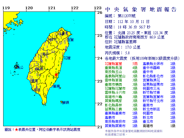 花蓮富里18：36地震 規模5.8