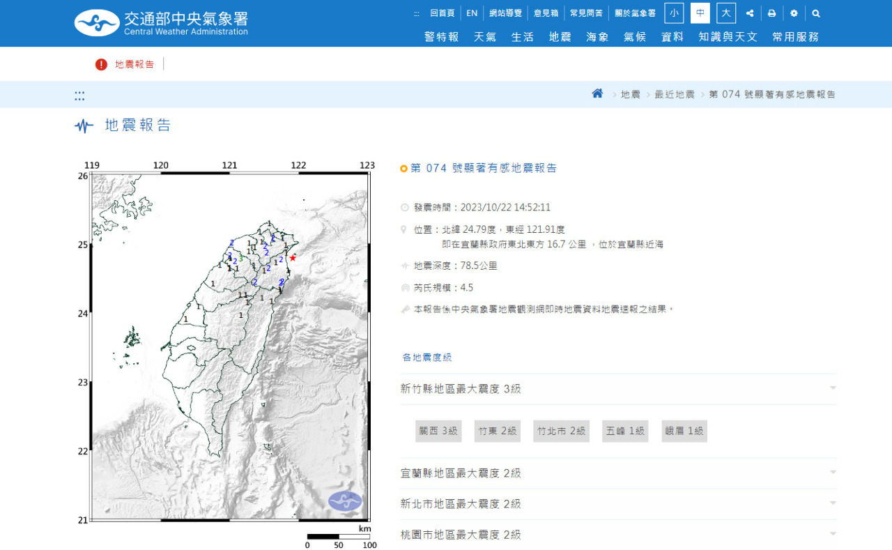 宜蘭近海規模4.5地震 最大震度新竹3級