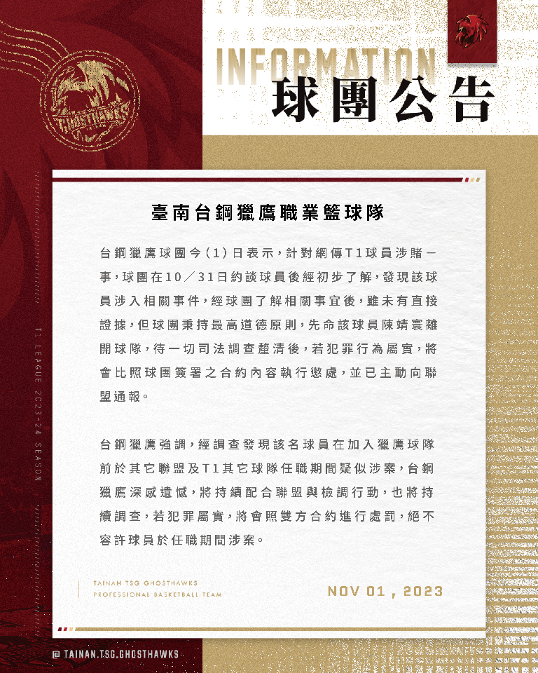 T1老將陳靖寰也傳涉賭？ 台鋼獵鷹火速令他離隊
