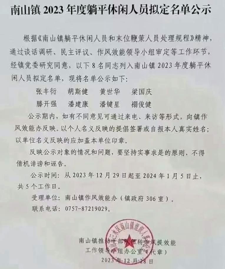 中國廣東一鄉鎮公布公務人員躺平名單 引熱議