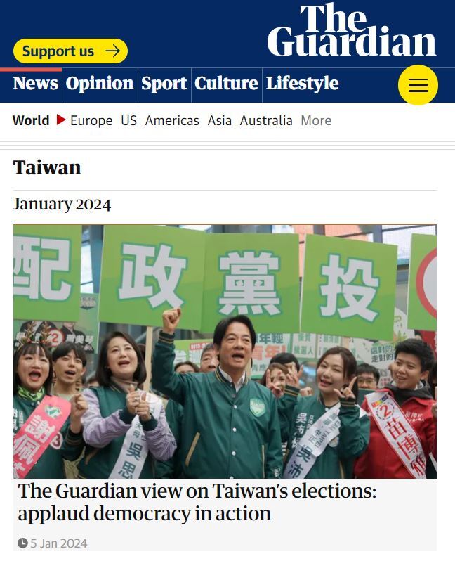 衛報社論讚台大選讓民主發光 年底美大選更關鍵
