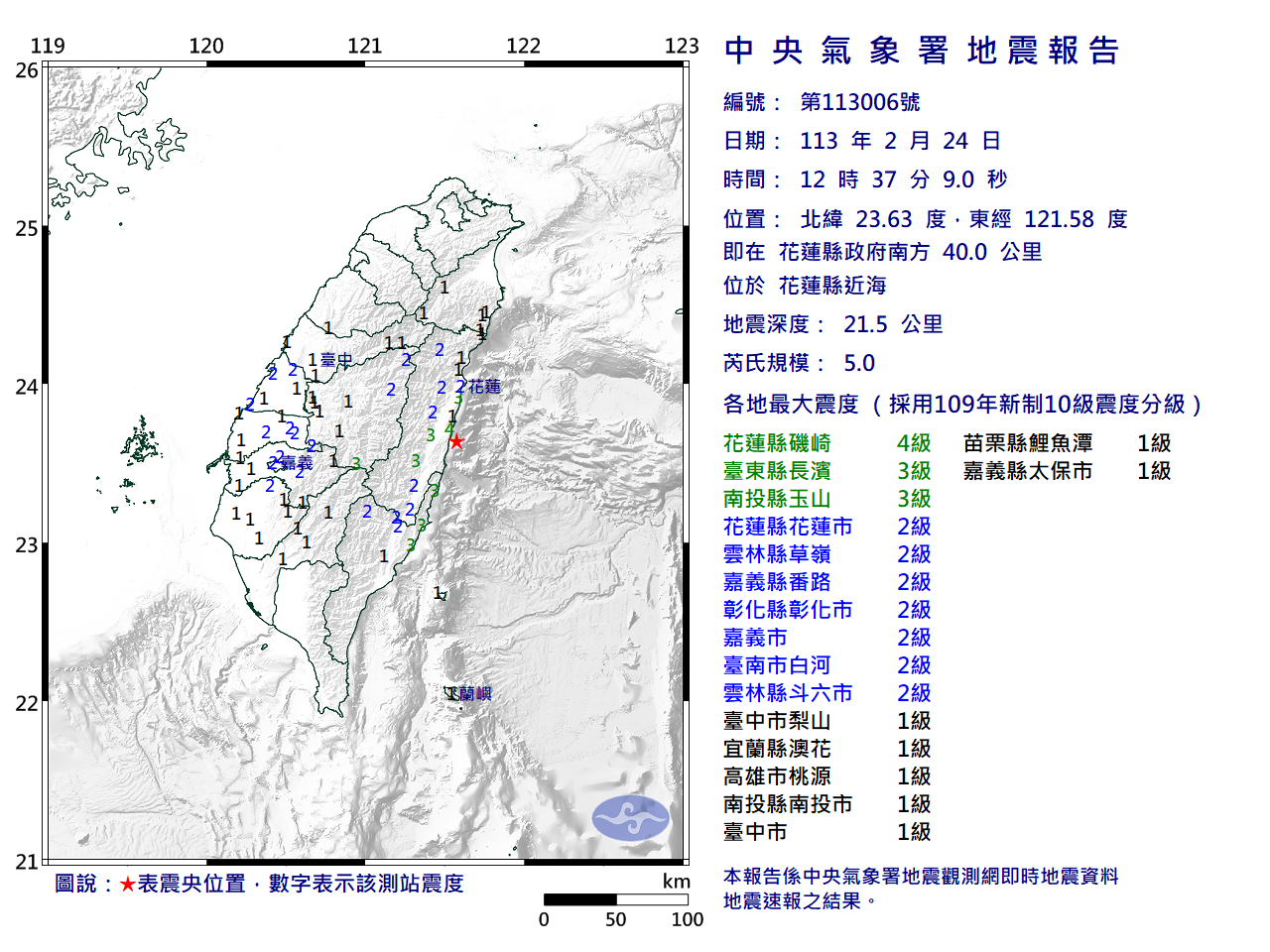 花蓮近海12:37發生規模5地震 最大震度達4級