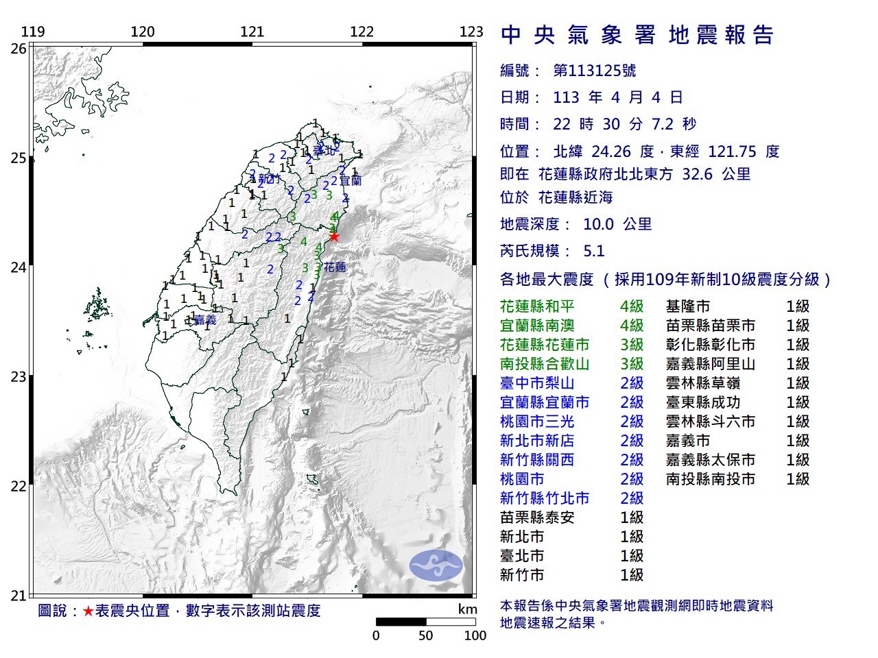 花蓮近海再地震規模5.1 最大震度花蓮、宜蘭4級