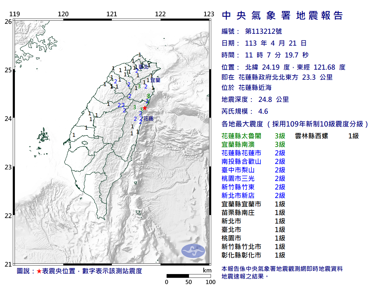 11:07花蓮近海規模4.6地震 最大震度宜花3級
