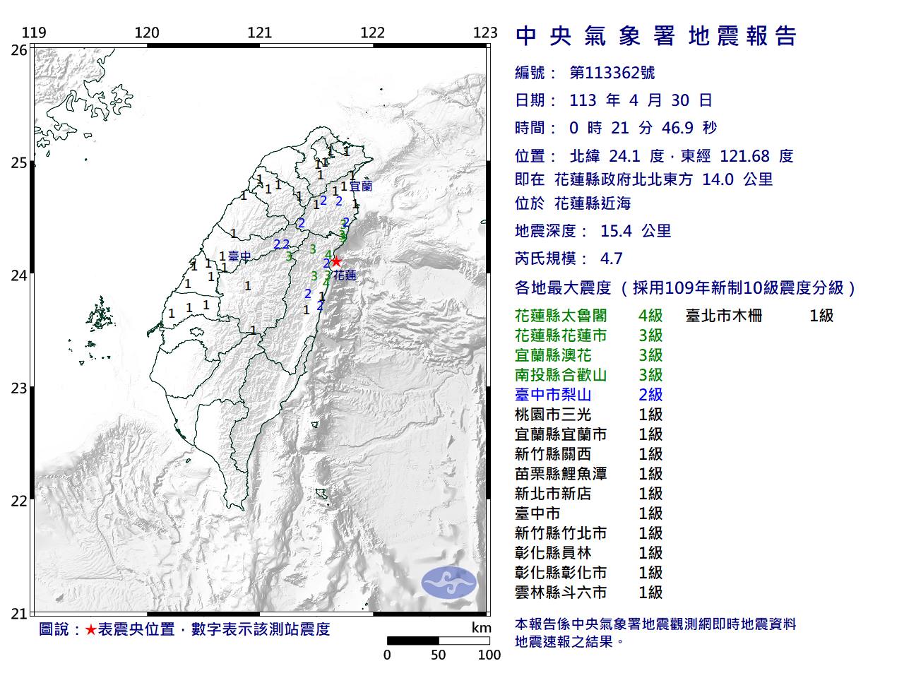 花蓮強震／花蓮近海凌晨規模4.7地震 最大震度花蓮4級