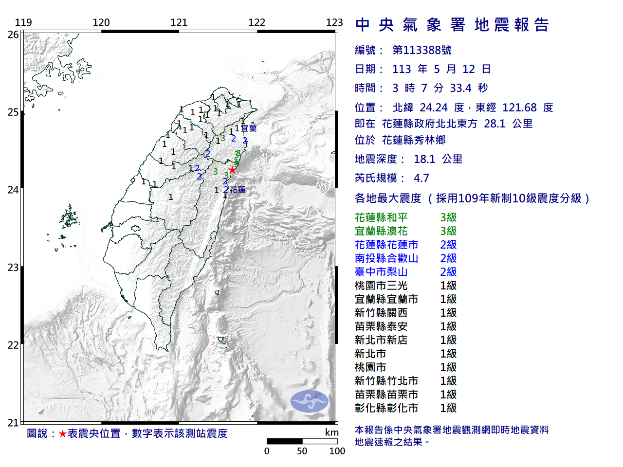 花蓮強震／秀林清晨連2震最大規模4.7 花蓮震度4級