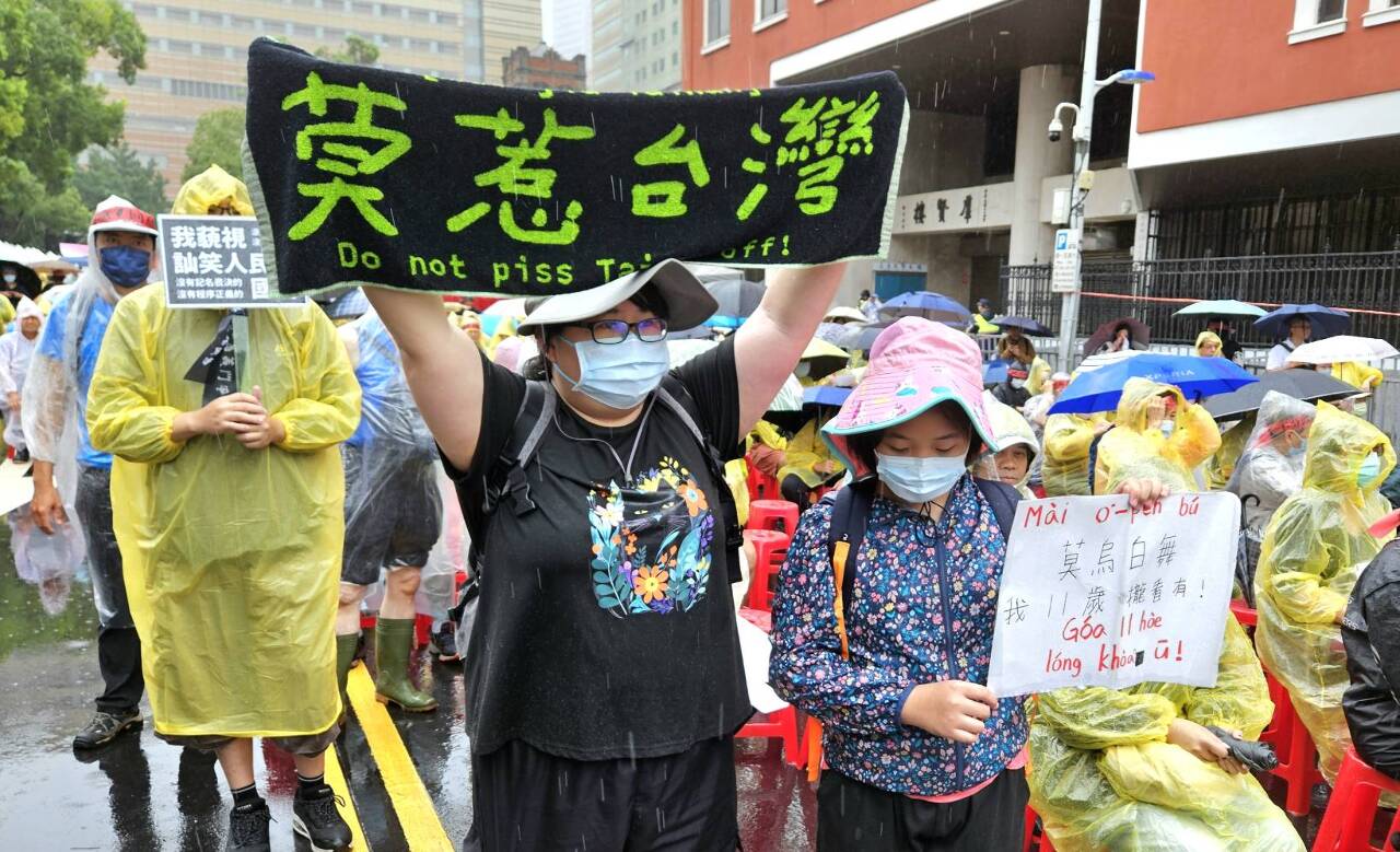 民眾風雨中高喊提出覆議 立院外籲藍白兩黨懸崖勒馬