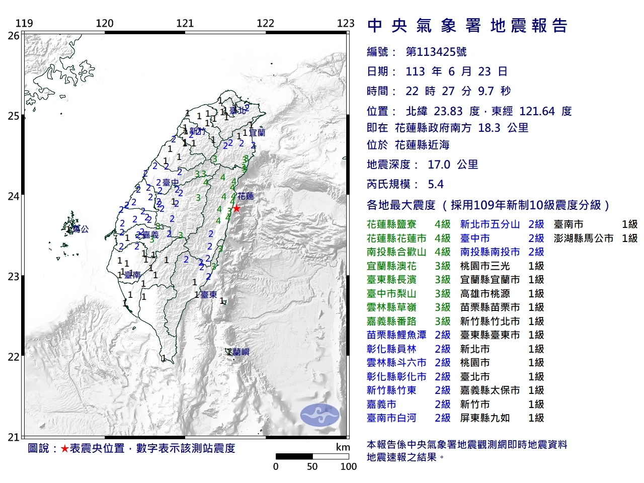 地牛又翻身！22:27花蓮近海5.4地震  最大震度4級