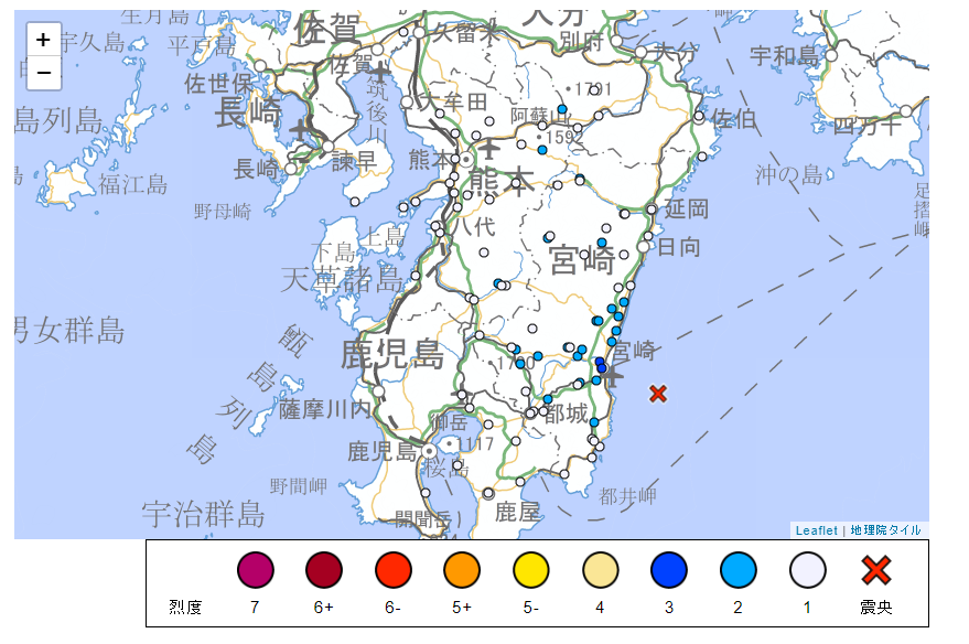 日本宮崎外海日向灘又震 推估規模4.5最大震度3級