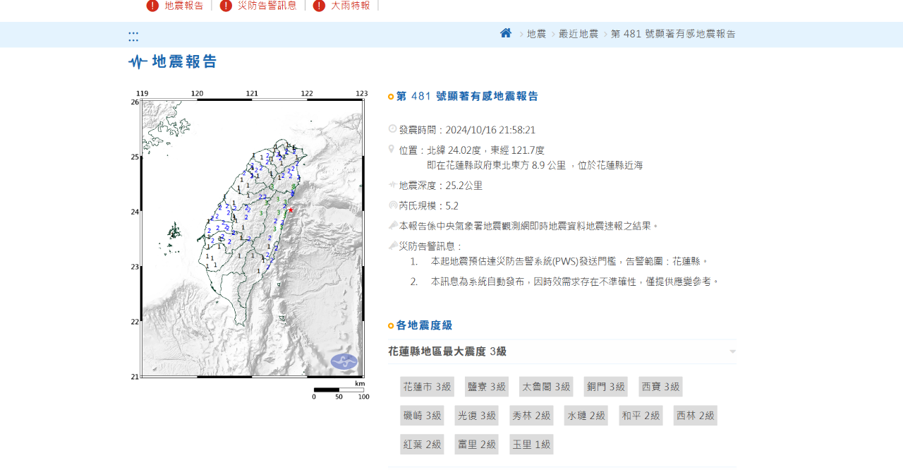 花蓮近海21：58地震 規模5.2