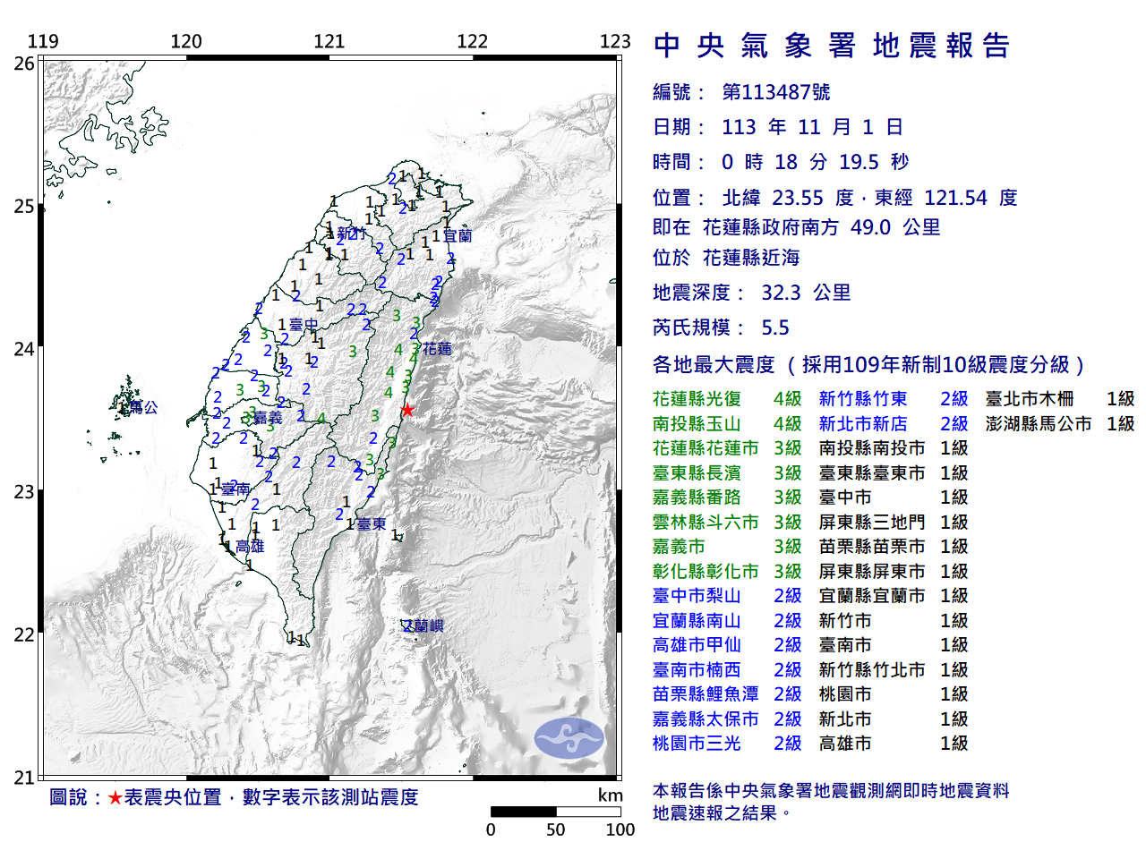 花蓮近海地震規模5.5 最大震度4級