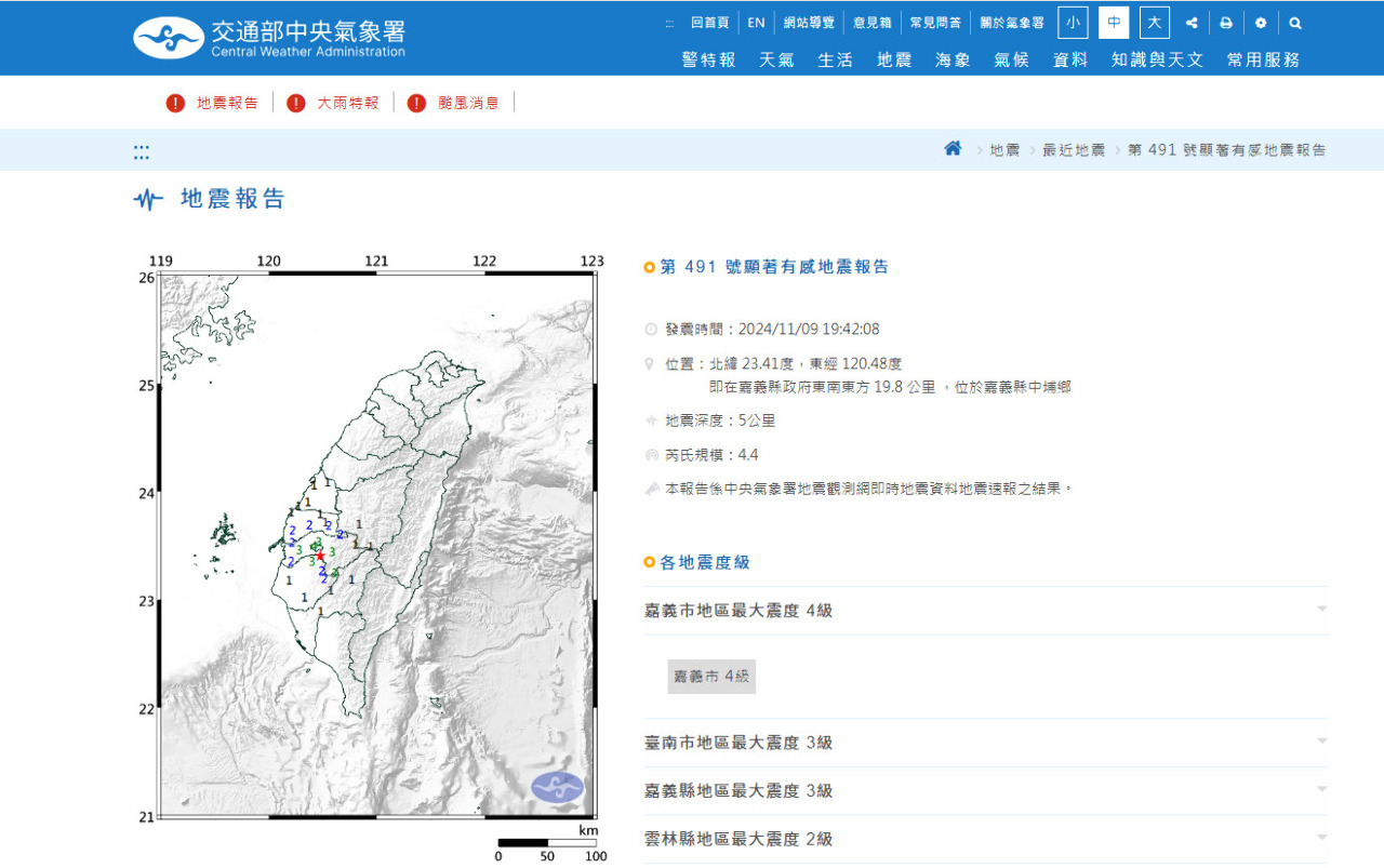 嘉義中埔地震規模4.4 最大震度4級