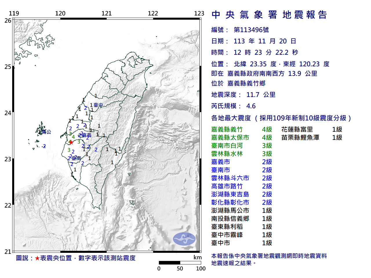嘉義12：23淺層地震 規模4.6