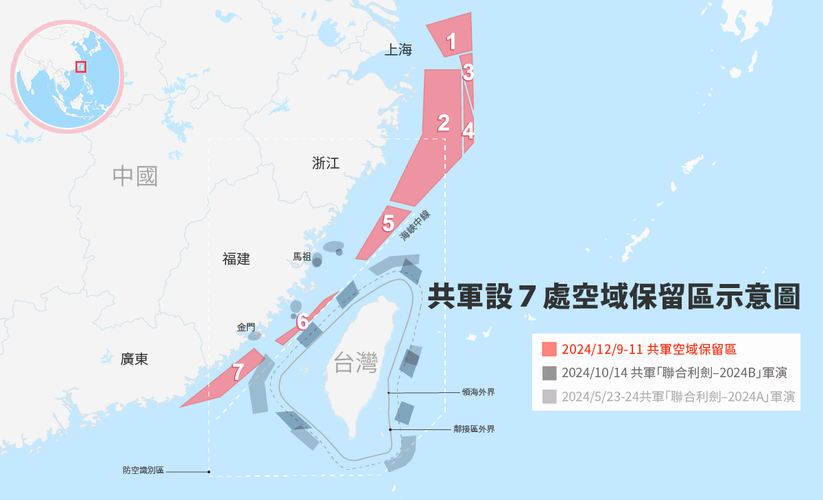 共軍設7處空域保留區 不受限季節攻台演習