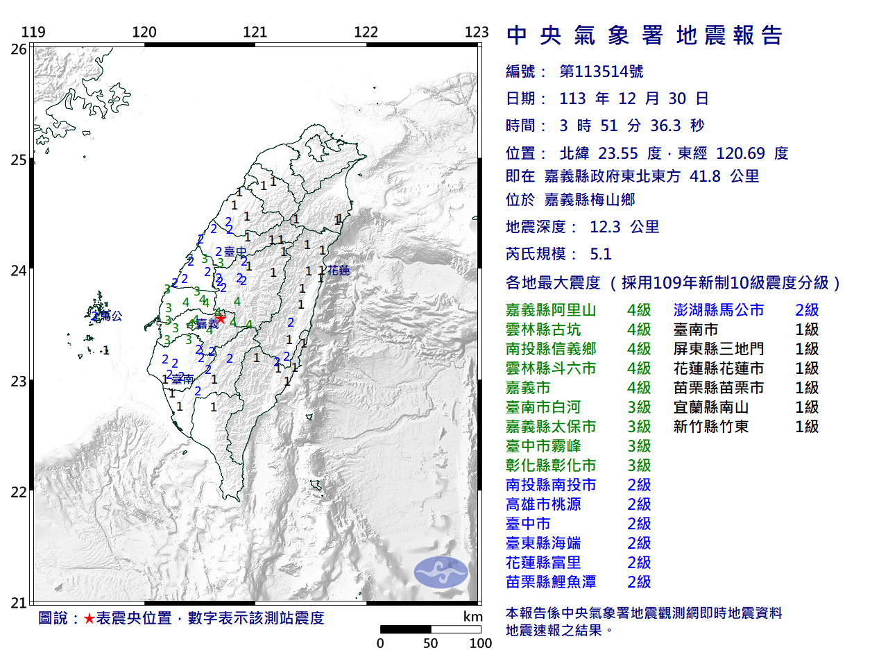 嘉義梅山規模5.1地震 最大震度嘉雲投4級