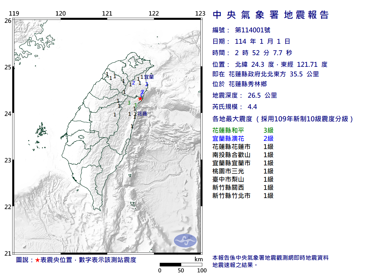 2025年台灣首震 花蓮秀林凌晨規模4.4地震