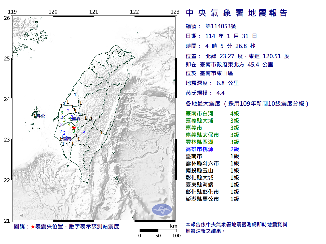 清晨台南2地震 最大規模4.4震度4級