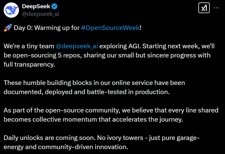 下載量破億 DeepSeek宣布下週開源5個代碼庫