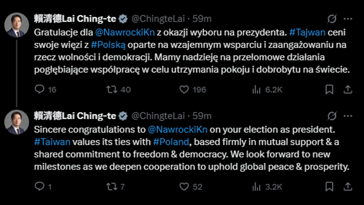 賴總統以波蘭文及英文 向波蘭總統當選人納夫羅茨基表達祝賀