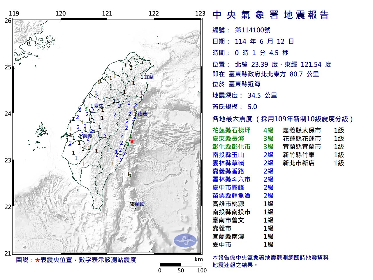 台東近海規模5.0地震 最大震度4級